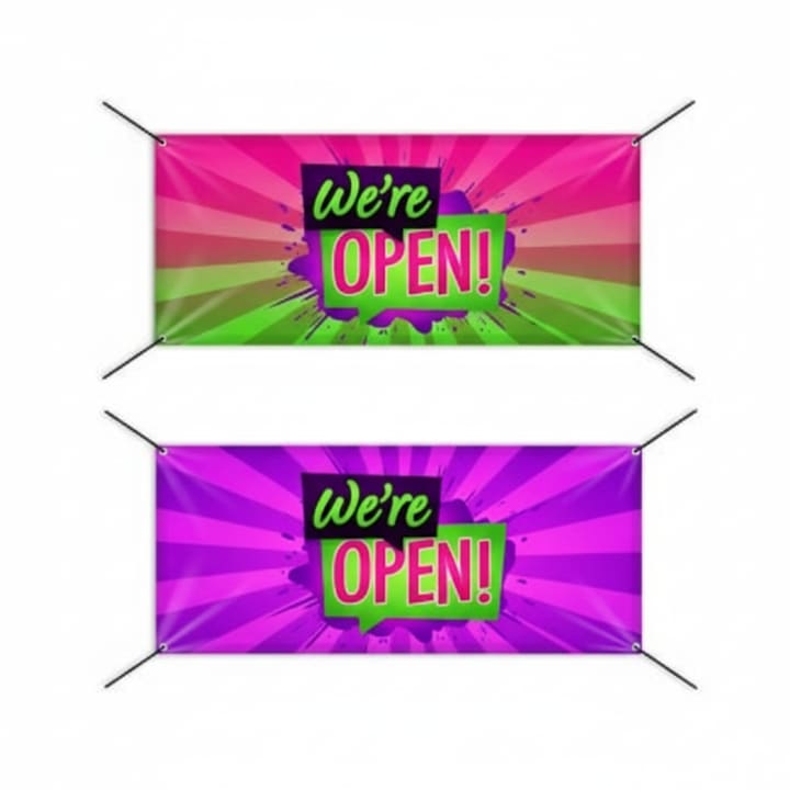 Concept image showing two colorful We’re Open banner designs