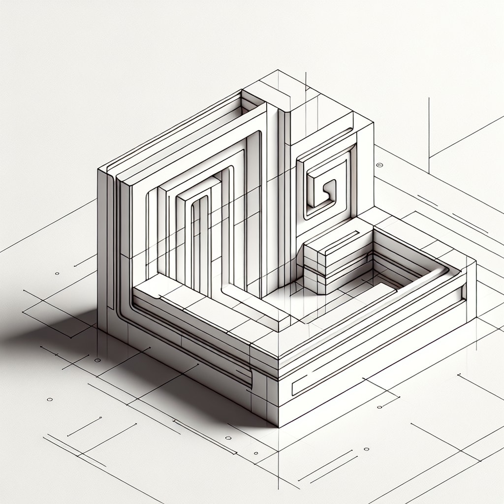 Architectural illustration of layered raised letters on a square base.
