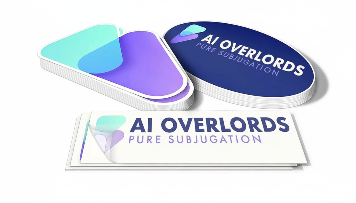 Printed AI Overlords stickers in several shapes and colors.