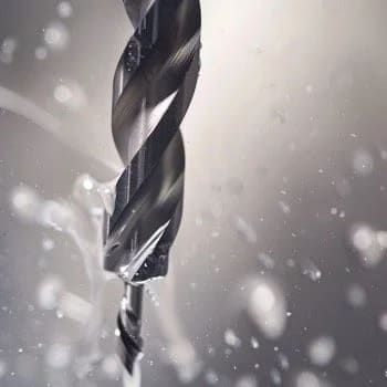 Close-up illustration of a drill bit with translucent shavings.