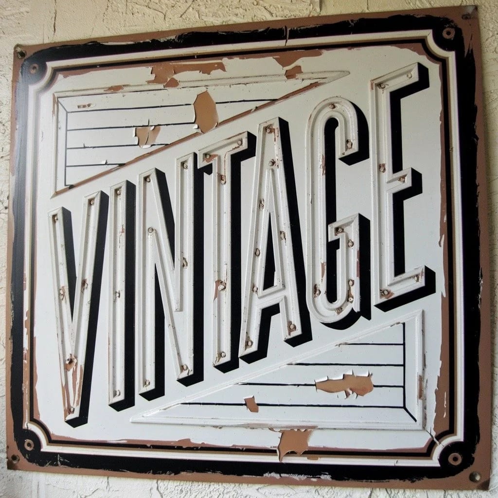 Vintage lettering on a distressed framed sign.