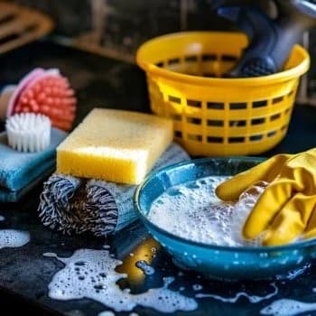 Brushes, sponges, cloths, and buckets arranged for cleaning.