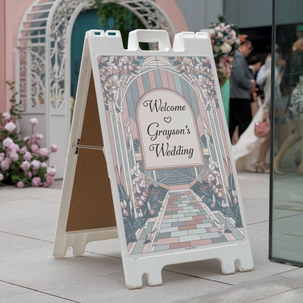 Decorated A-frame welcome sign at a Sacramento outdoor event entrance.