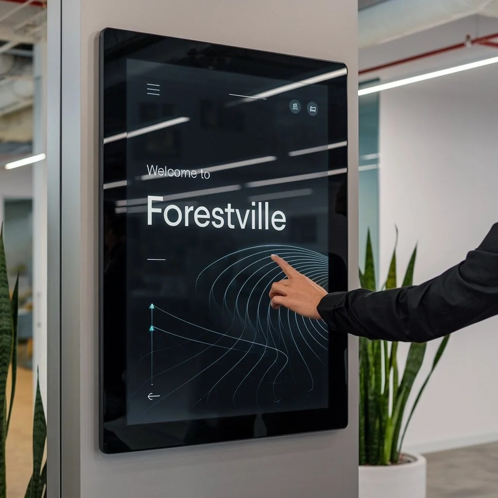 Person using a tall digital display beside a Sacramento business entrance.