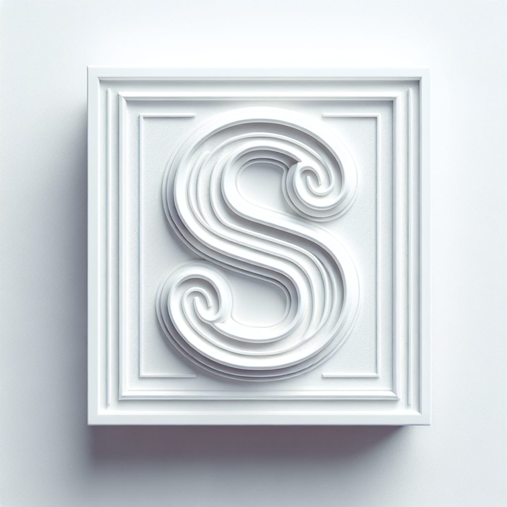 White ornamental letter S with dimensional shading inside a square frame.