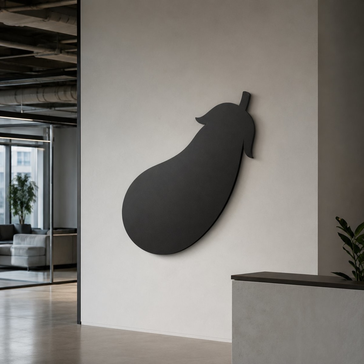 Concept rendering of a matte black anodized aluminum logo sign on a white office lobby wall