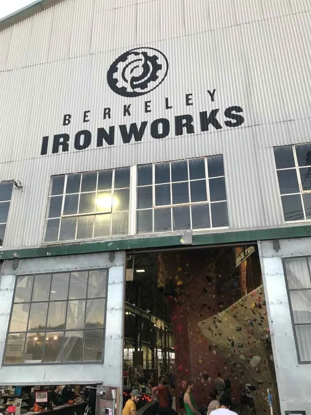 Berkeley Ironworks logo and lettering above the climbing gym entrance in Sacramento