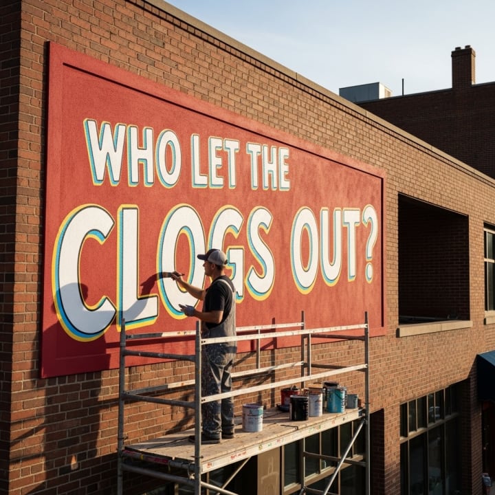 Painter working on a large hand-lettered wall sign mounted to a brick building