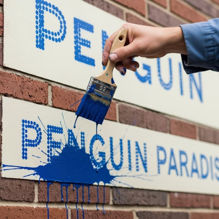 Close-up of brushwork and blue paint splatter on a hand-painted sign with lettering