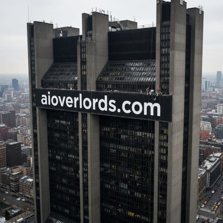 Crew installing a large painted wordmark banner on a high-rise building