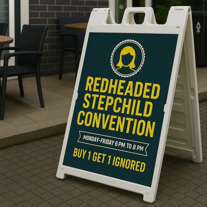 Custom outdoor A-frame sign guiding foot traffic to storefront.