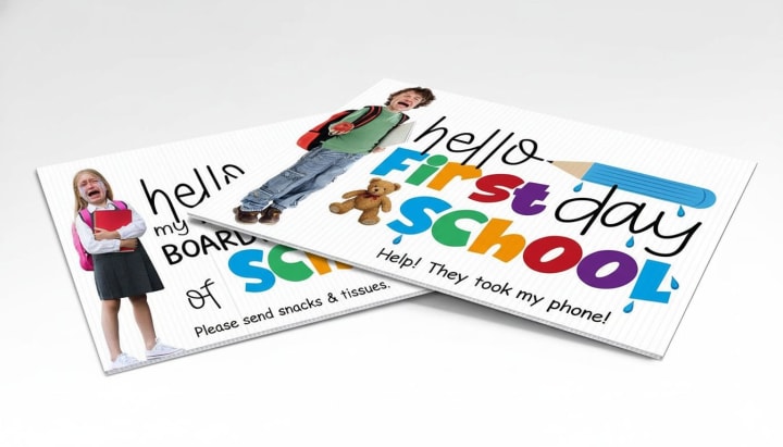 First day of school sign photo props with bold lettering for back-to-school pictures