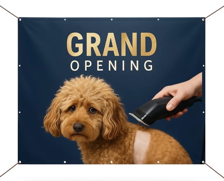 Custom grand opening banner displayed across storefront entrance