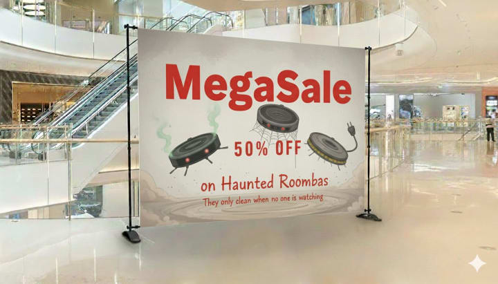 Retail banner graphic showing promotional messaging designed to drive foot traffic