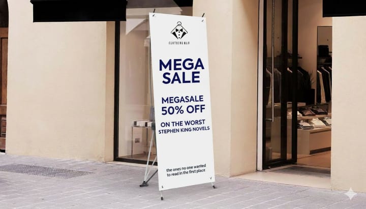 Portable retail banner layout with bold discount callouts