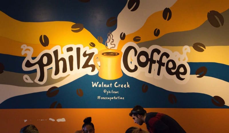 Colorful Philz Coffee feature wall mural with Walnut Creek lettering