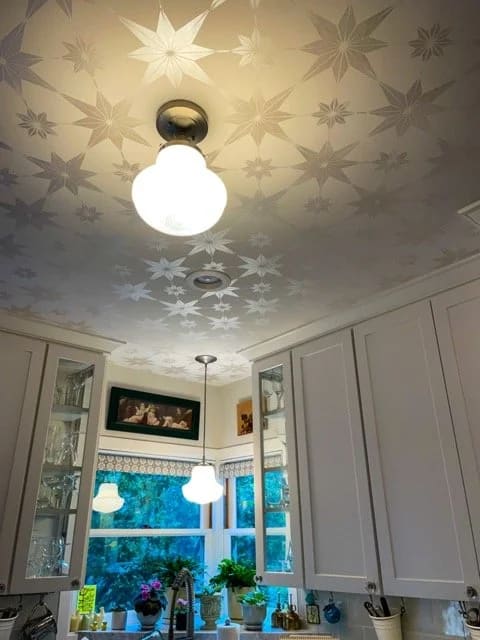Close-up of a custom painted kitchen stencil pattern