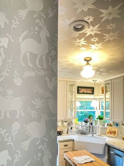 Detailed view of a custom painted kitchen stencil