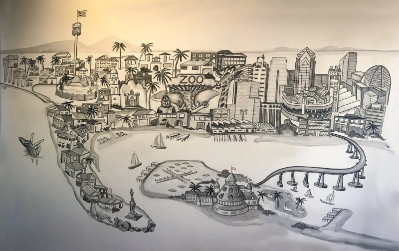 Finished San Diego travel mural across an interior wall