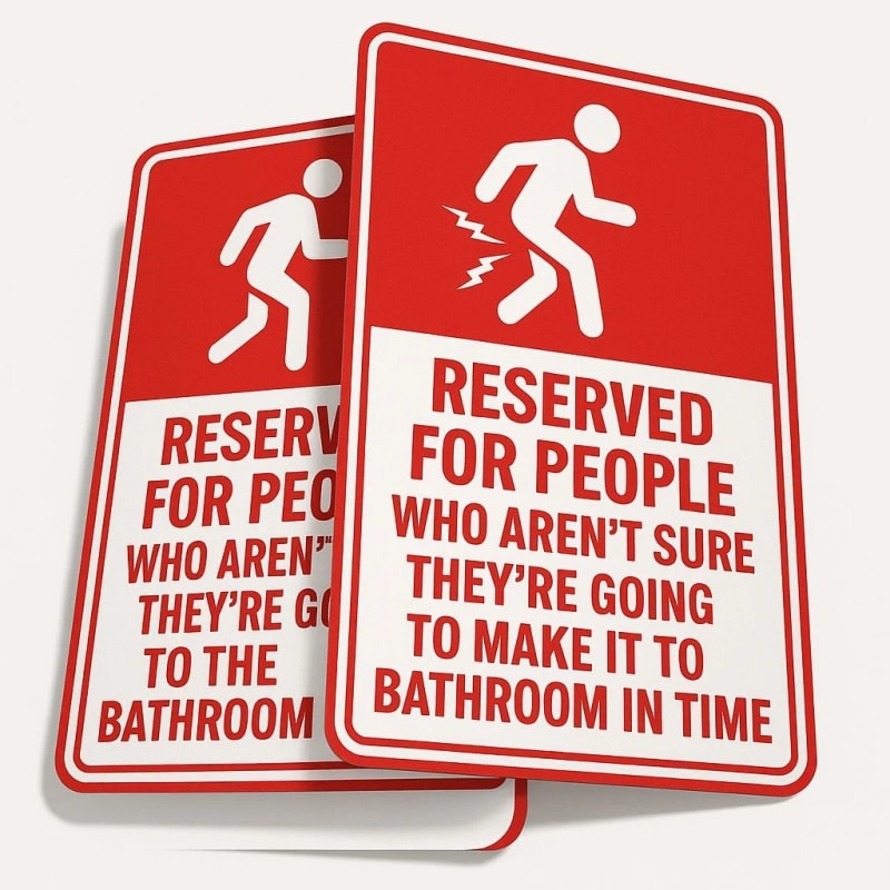 Humorous Dibond restroom sign in white frame showing print quality