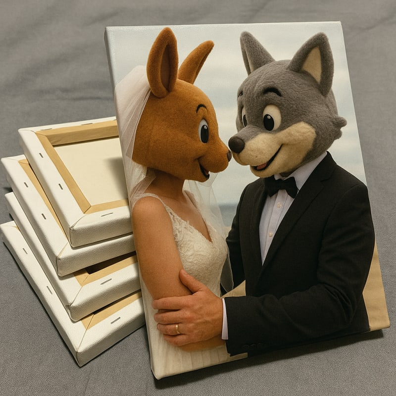 Canvas wrap print process showing professional stretching and finishing