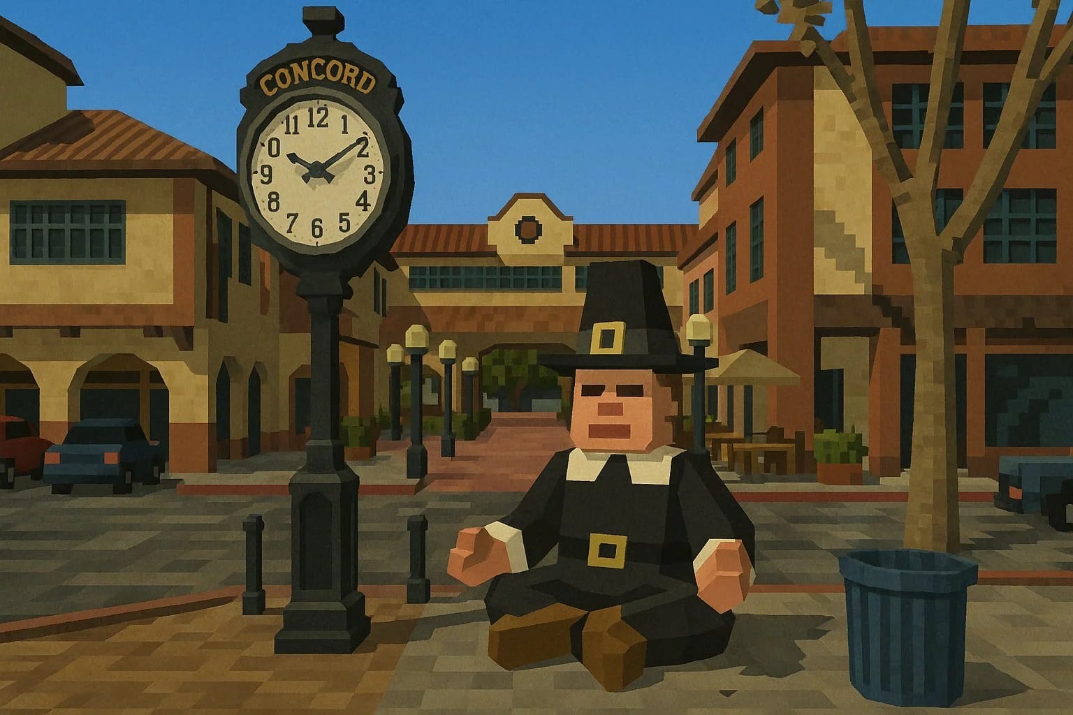 Outdoor clock displaying Concord in a quaint town setting