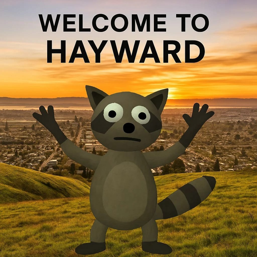 Welcome sign featuring a raccoon with a sunset view in Hayward