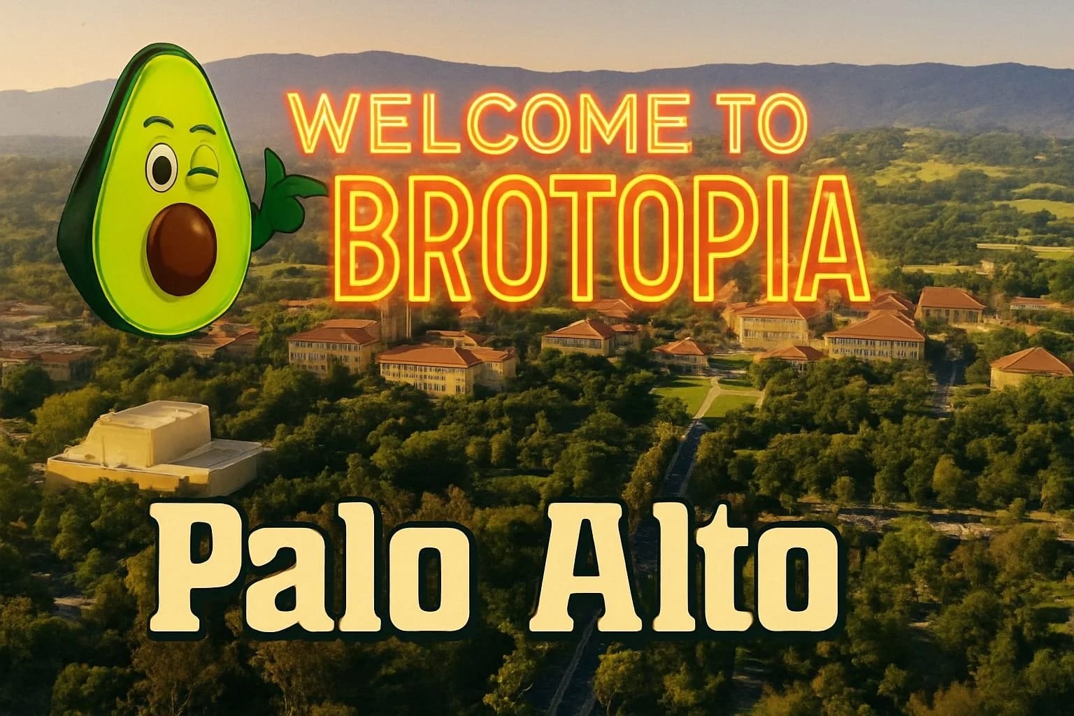 Welcome-sign showcases the Brotopia theme over a scenic landscape