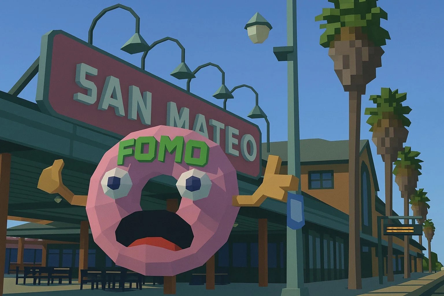 A station sign displays 'San Mateo' in retro design style