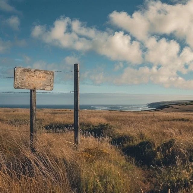 Metal sign in a coastal California environment near Sea Ranch, demonstrating weathering resistance.