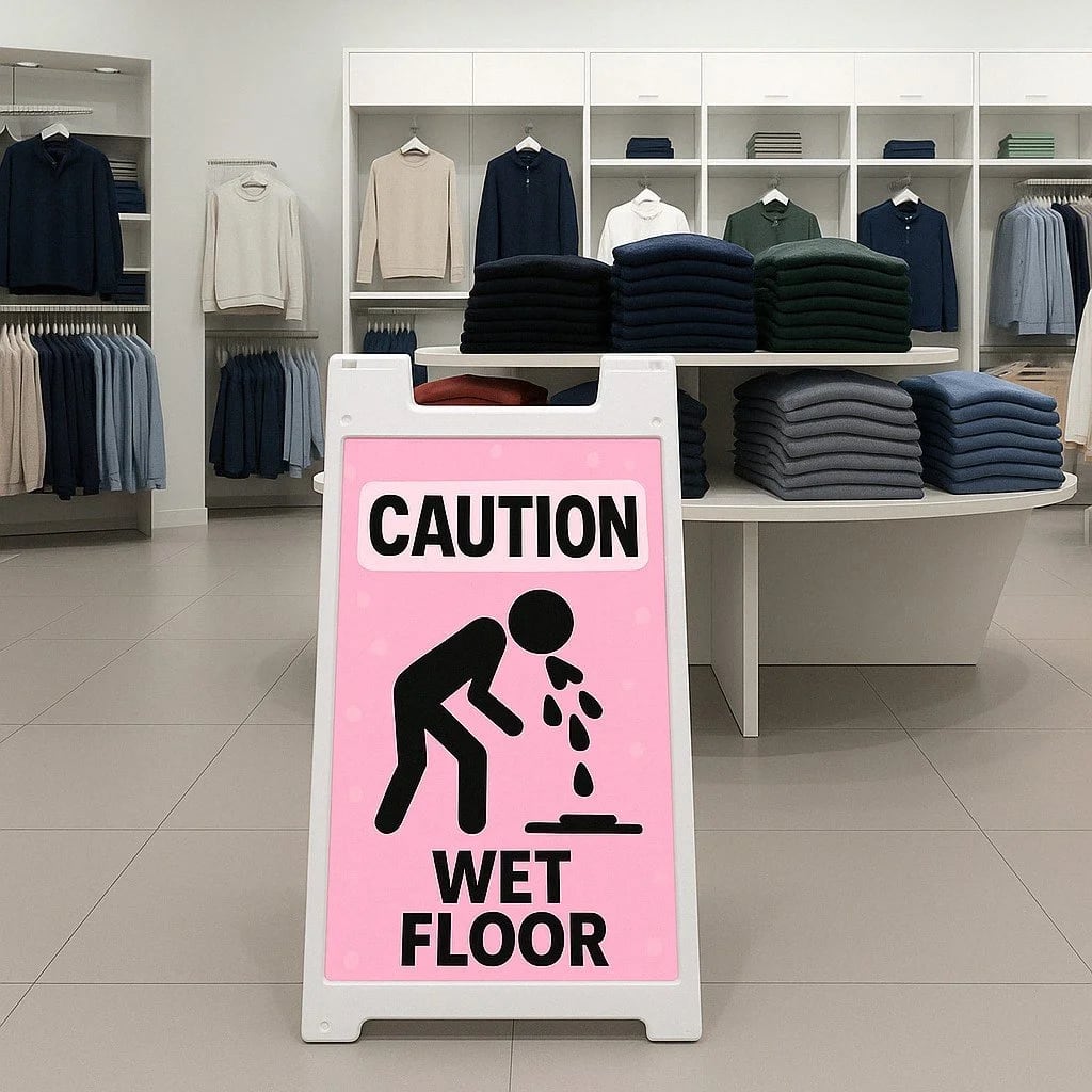 Durable plastic A-frame caution sign in use on wet floor