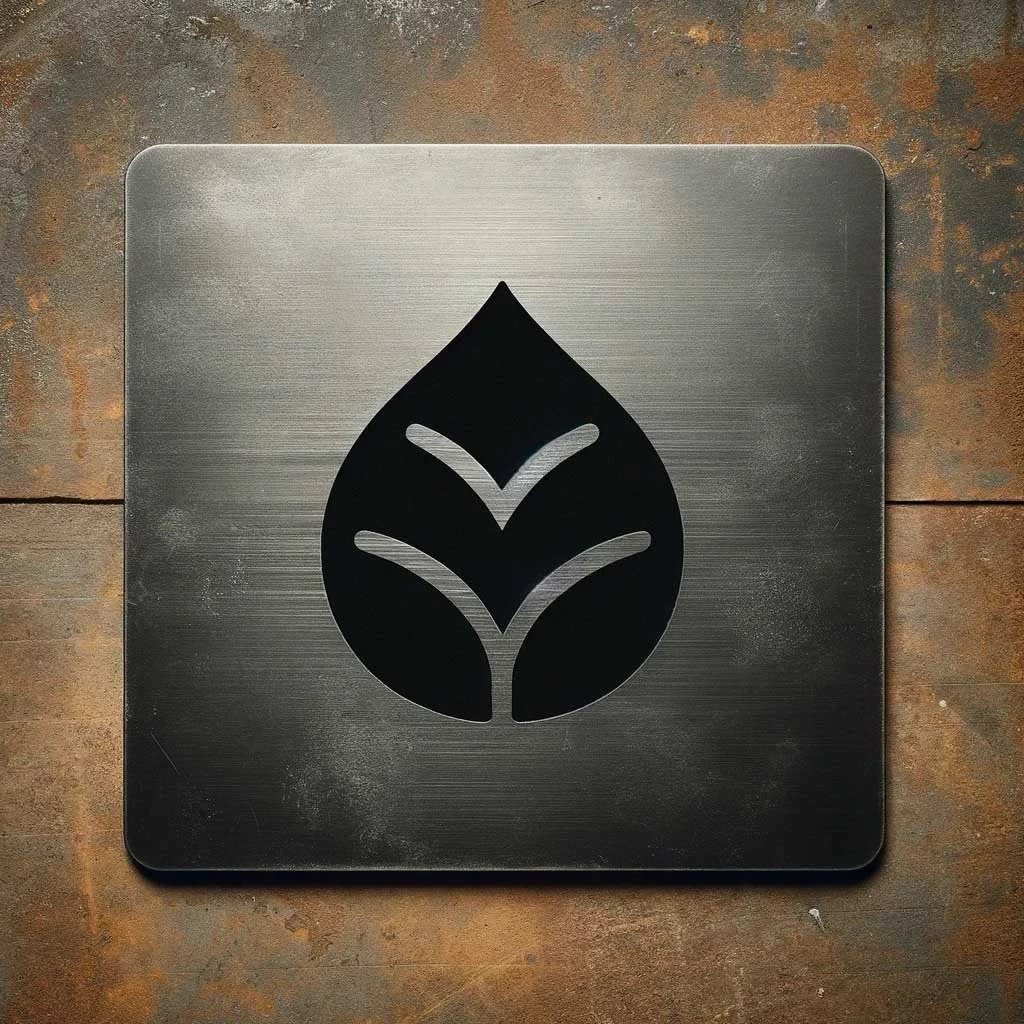 Laser-etched leaf logo on a steel plate.