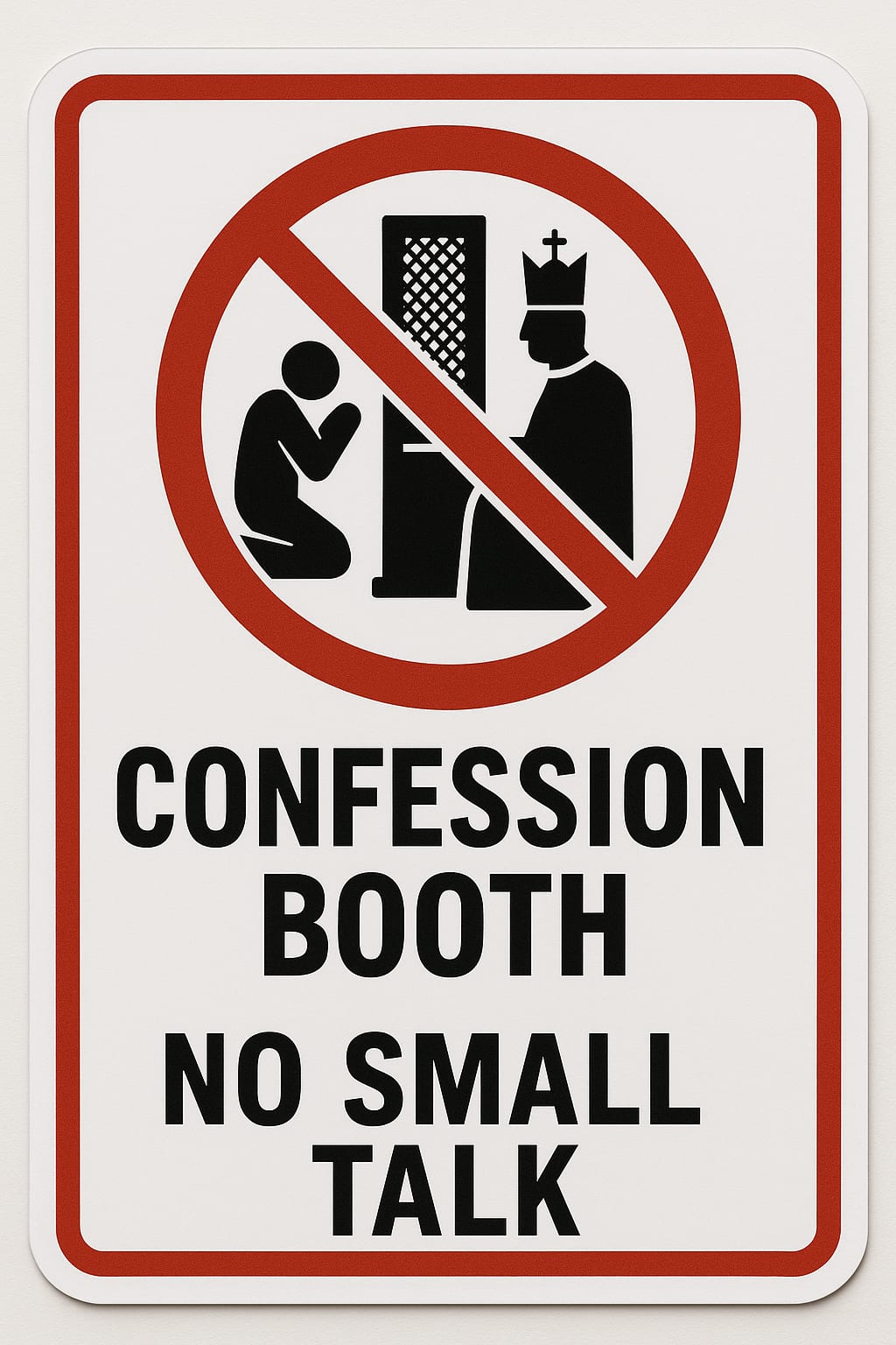Confession booth sign with elegant typography and wayfinding directional elements in a church interior