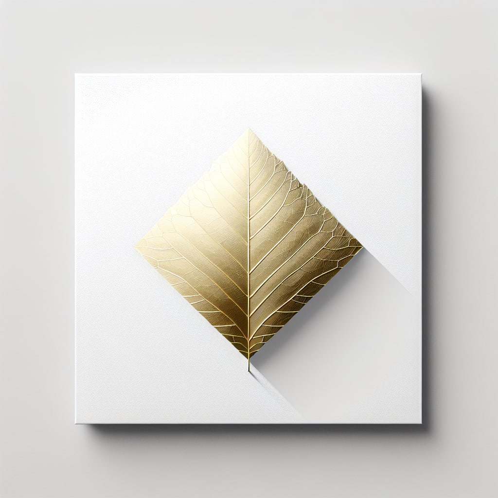 A gold-embossed leaf design showcasing luxury gold leaf detailing on a white surface with gilded edge.