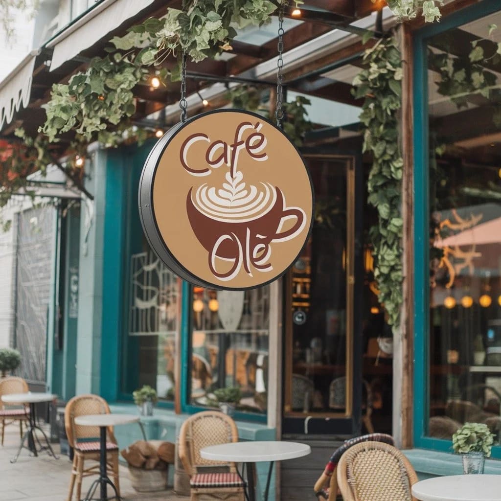 Professional hanging sign suspended by chains in a Bay Area retail storefront.
