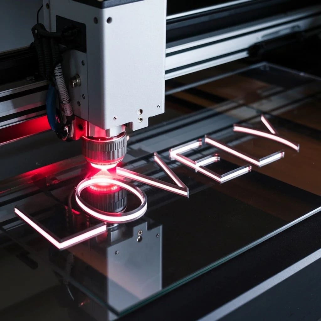 Mars 130 CO2 laser engraver cutting custom signage materials in a Bay Area sign shop