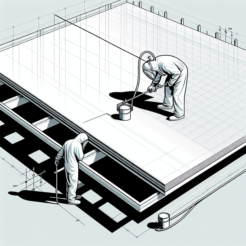 Two workers in protective gear painting a large ACM panel surface with construction blueprints and tools nearby
