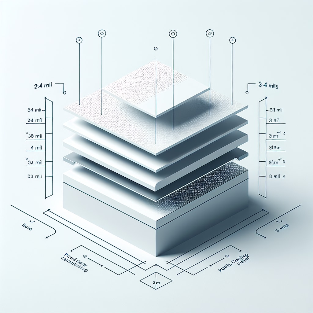 3D illustration showing powder coating layers with thickness measurements on a metal sign substrate