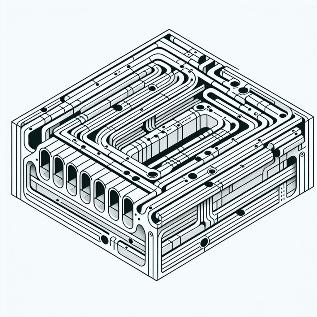 Abstract illustration of interconnected wiring pathways on a cube structure representing raceway electrical organization for channel letters.