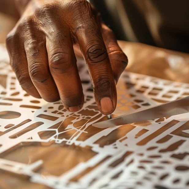 Sign maker applying vinyl stencil to create custom signage