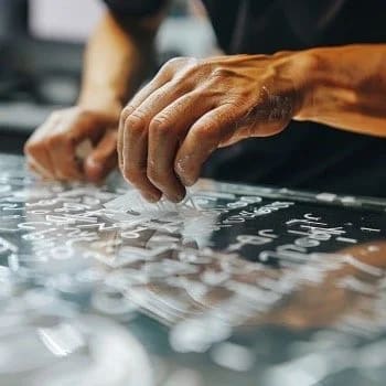 Professional applying vinyl graphics to a surface with a squeegee
