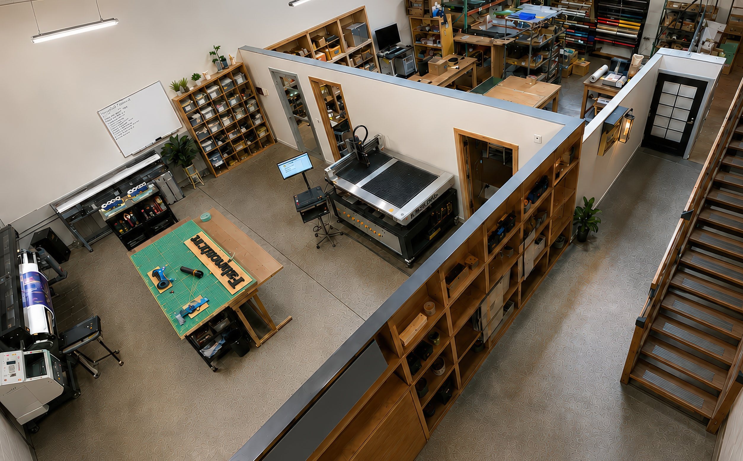Overhead view of a sign-production workshop with large-format printers, a CNC router table, workbenches, and material storage