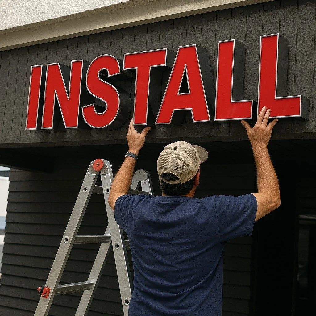 Channel letter sign installation in San Francisco storefront
