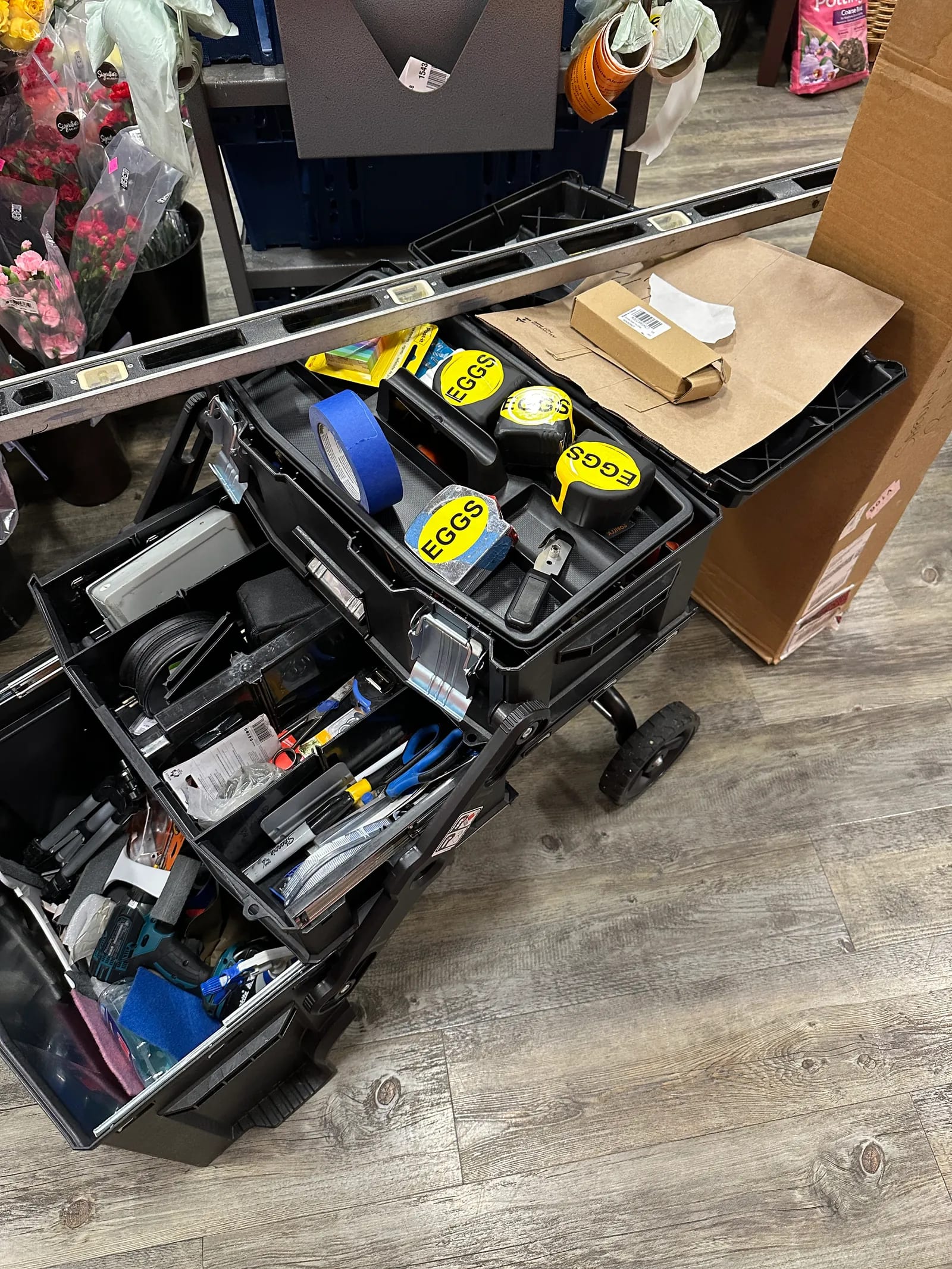 Tool cart for vinyl graphics installation with EGGS stickers