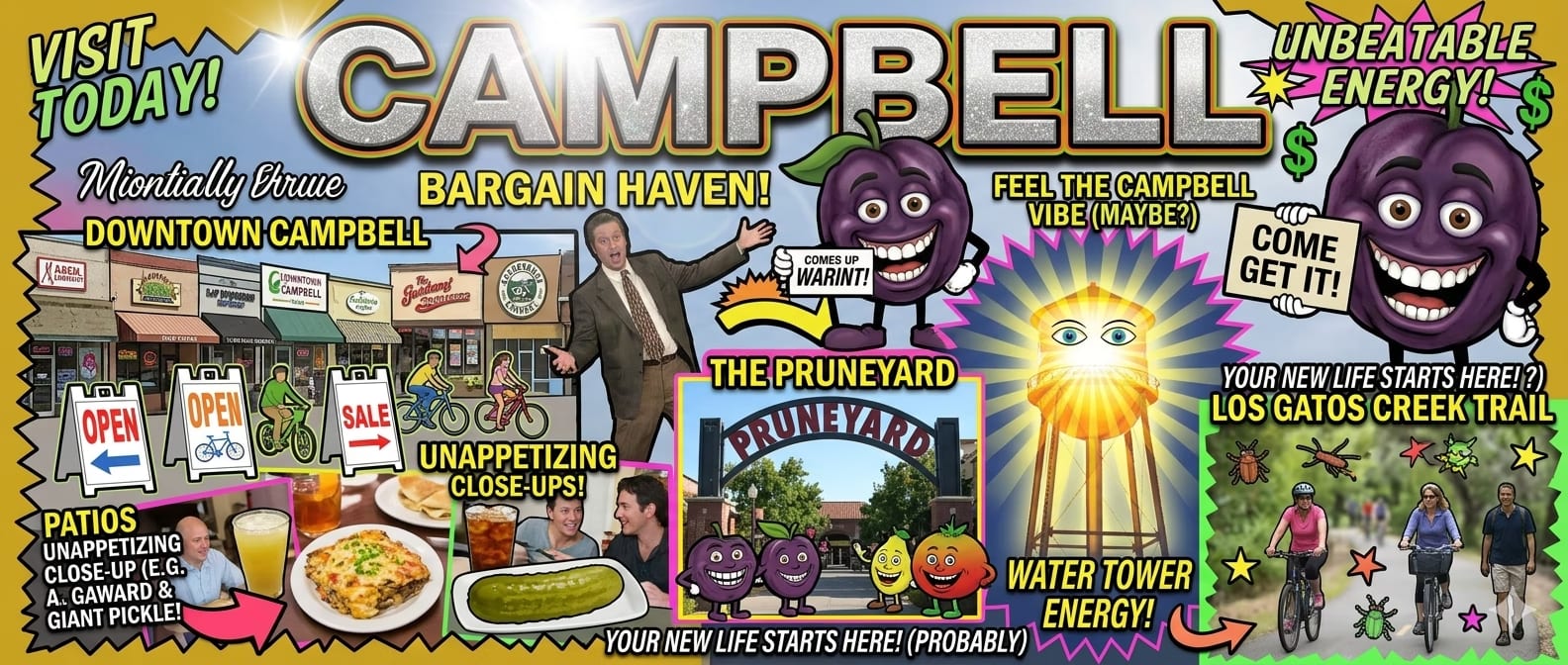 AI-generated parody Campbell tourism collage with storefronts, cartoon prunes, a water tower, and cyclists