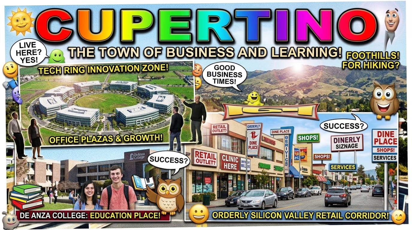 AI-generated parody Cupertino brochure collage with rainbow lettering, imagined office, college, retail, and foothill scenes, and cartoon faces