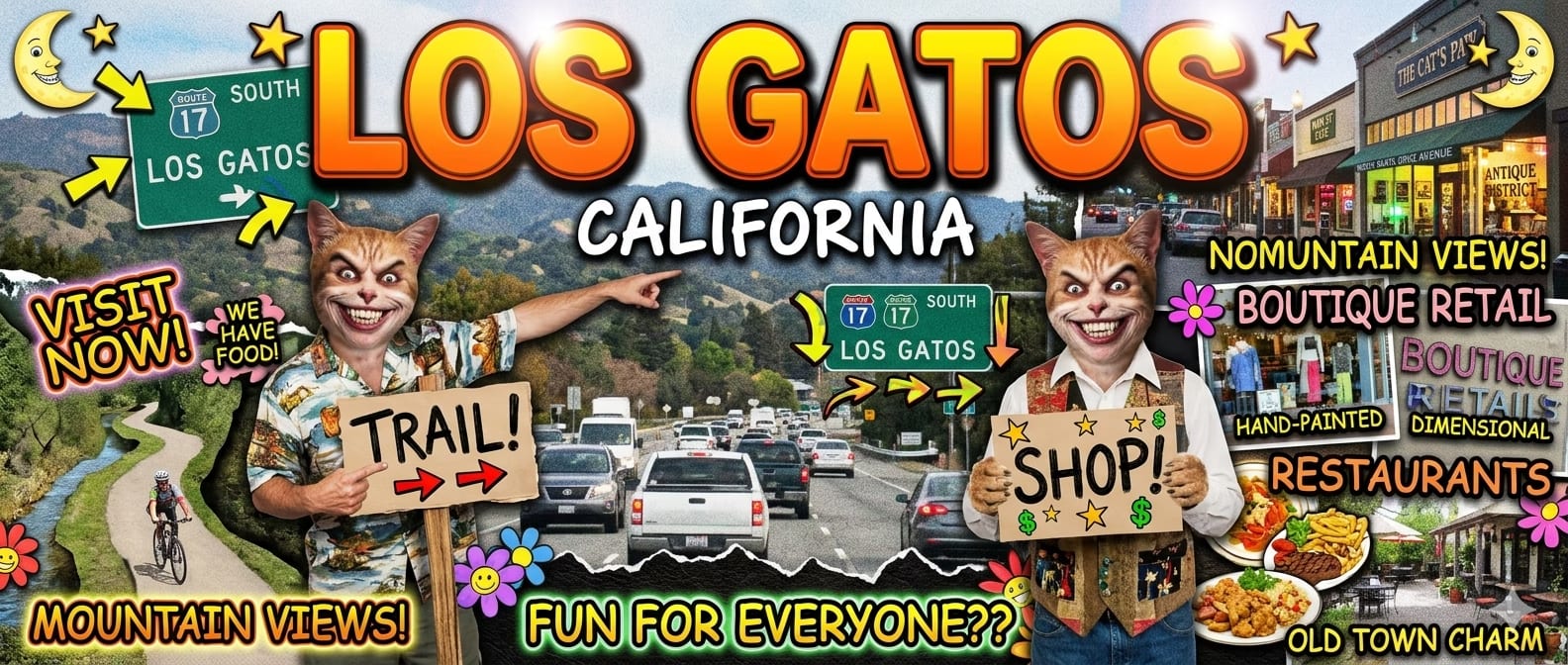AI-generated parody Los Gatos tourism collage with cat-headed figures, highway signs, traffic, a trail, shops, and restaurants