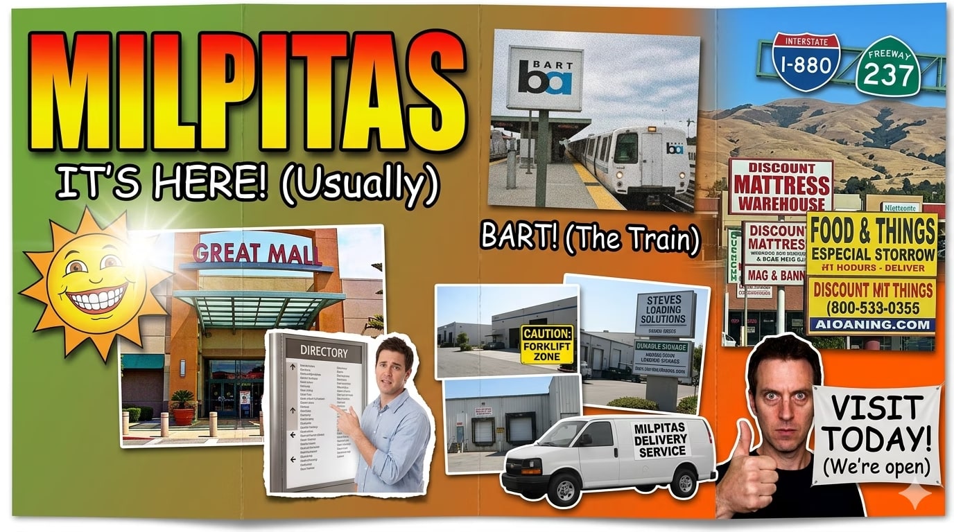 AI-generated illustrated Milpitas city-guide collage in a retro travel-brochure style
