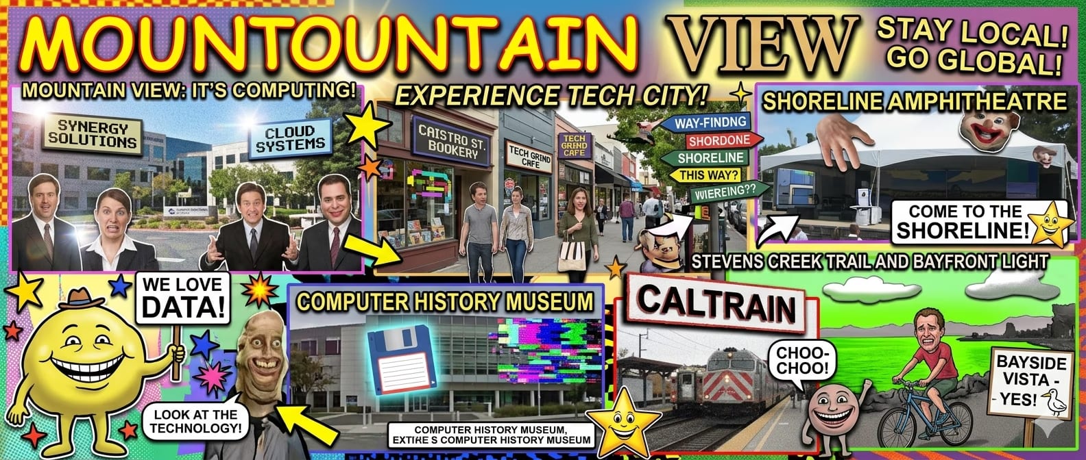 AI-generated illustrated parody Mountain View city brochure banner