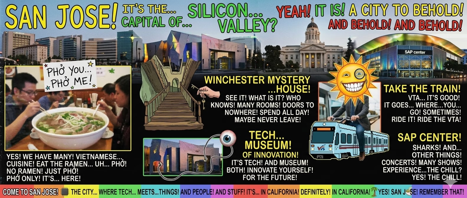 AI-generated parody San Jose tourism collage with landmarks, pho, a floating eyeball, and a sun-headed VTA rider